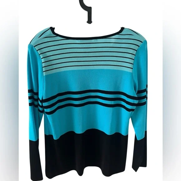 Misook 2 Piece Set Black Teal Blue Cardigan & Sweater Stripe Top Twin Set Large - Picture 4 of 5